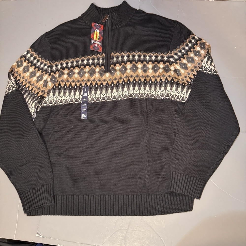 IZOD Sweater Mens 2XLT Tall 1/4 Zip Pullover Knit Mock Neck Fair Isle Black NWT